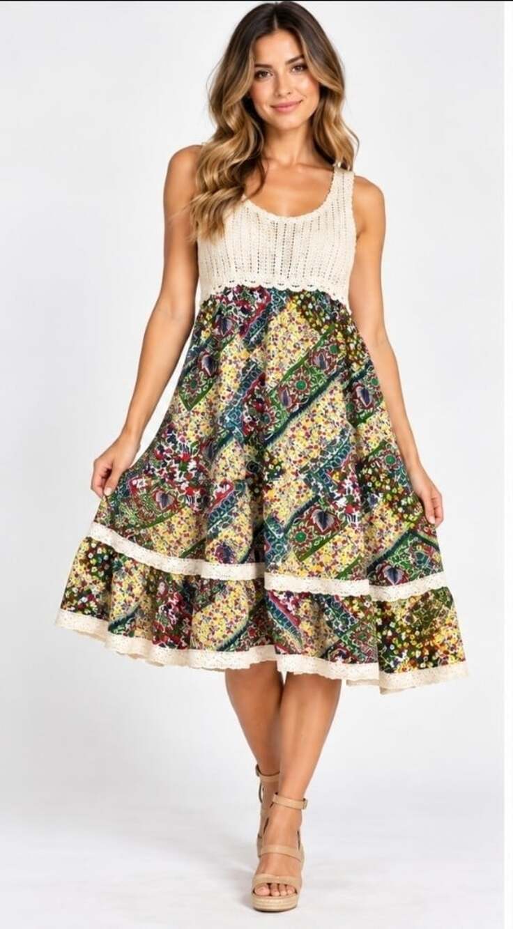 Angie Sleeveless Floral Lace Dress Boho Cottagecore Viscose Medium New T35